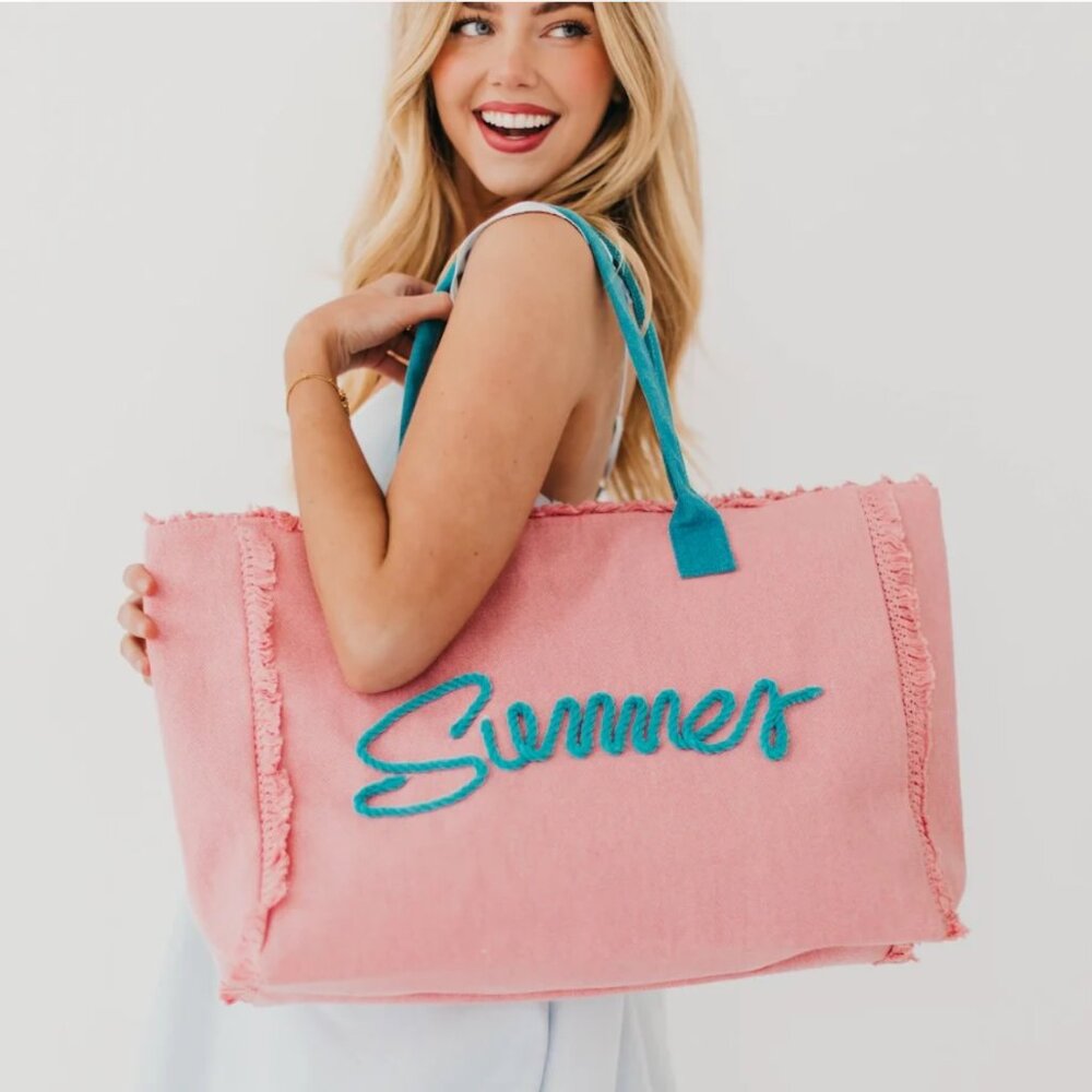 “Summer” Rope Detail Pink & Teal Fringe Beach Tote Bag (NEW W/TAGS & SO CUTE!)